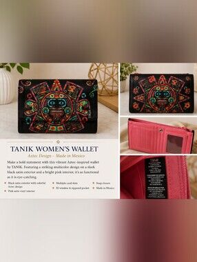 Tanik Aztec-Inspired Women's Wallet - Black with Bright Pink Interior
